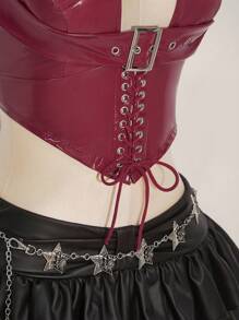 SHEIN ICON Top de tirantes con decoración de ojetes y cordones en la espalda de piel sintética, estilo gótico Y2K para mujer de talla grande - Burdeos - Ver 8