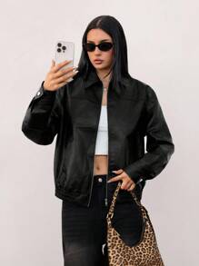SHEIN Tall Women's Fall Winter Casual Daily Fashion Street Zip-Up Loose Jacket, Autumn Black Leather Jacket Women