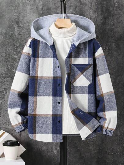 SHEIN 1 Piece Tween Boy Casual Sports College Hooded Shirt Jacket With College Plaid Suitable For Back To School Suitable For Birthday Parties, Evening Parties, Performances, Weddings, Baptisms, Opening Ceremonies Daily Suitable For Daily Use Suitable For School Suitable For Travel Suitable For Sports Suitable For Spring, Autumn And Winter Seasons Fall