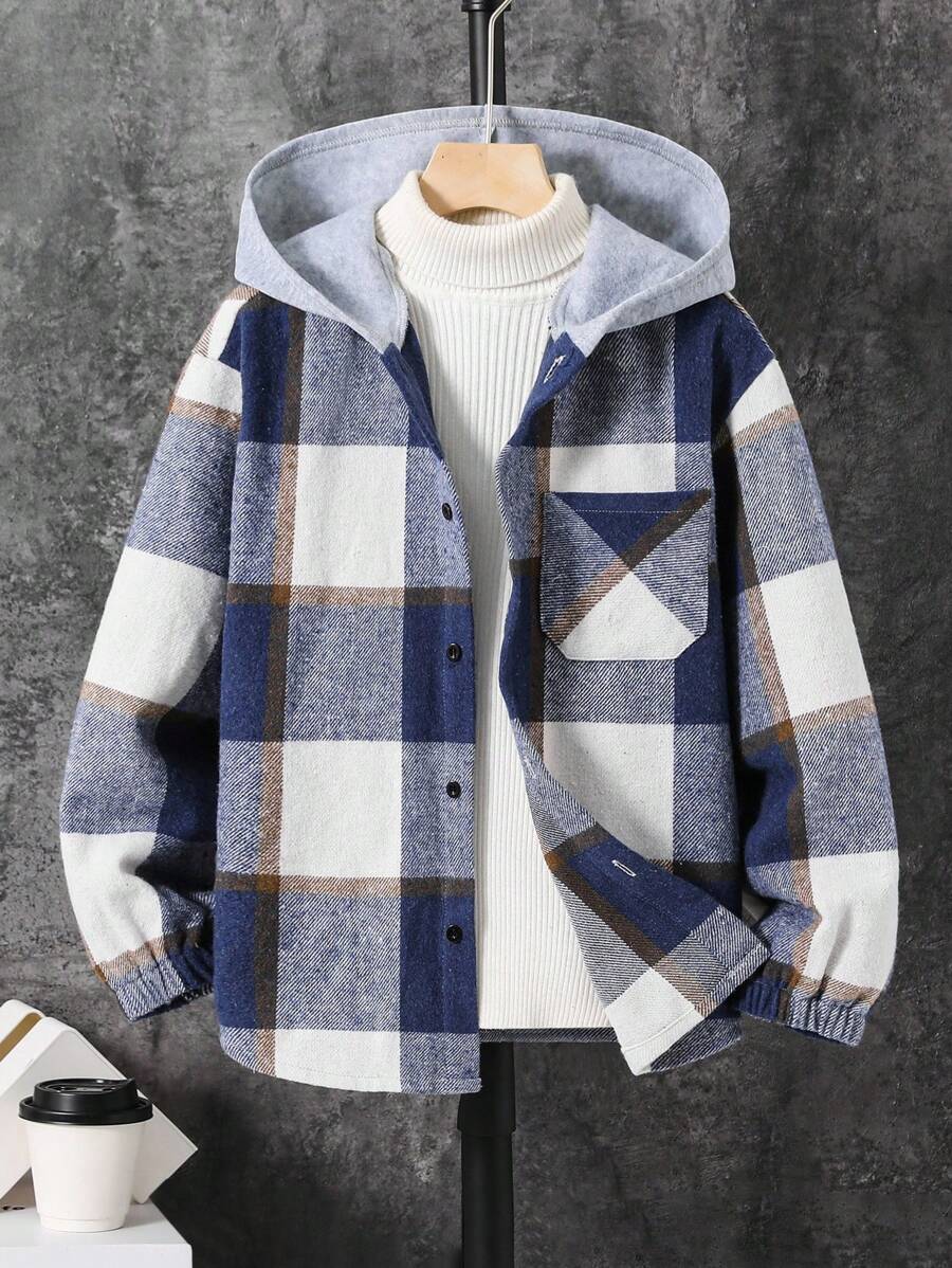 SHEIN 1 件青少年男孩休闲运动学院连帽衬衫夹克，带学院格子，适合返校，适合生日派对、晚会、表演、婚礼、洗礼、开幕式，适合日常穿着，适合上学，适合旅行，适合运动，适合春、秋、冬季 - 藍色 - 查看 1