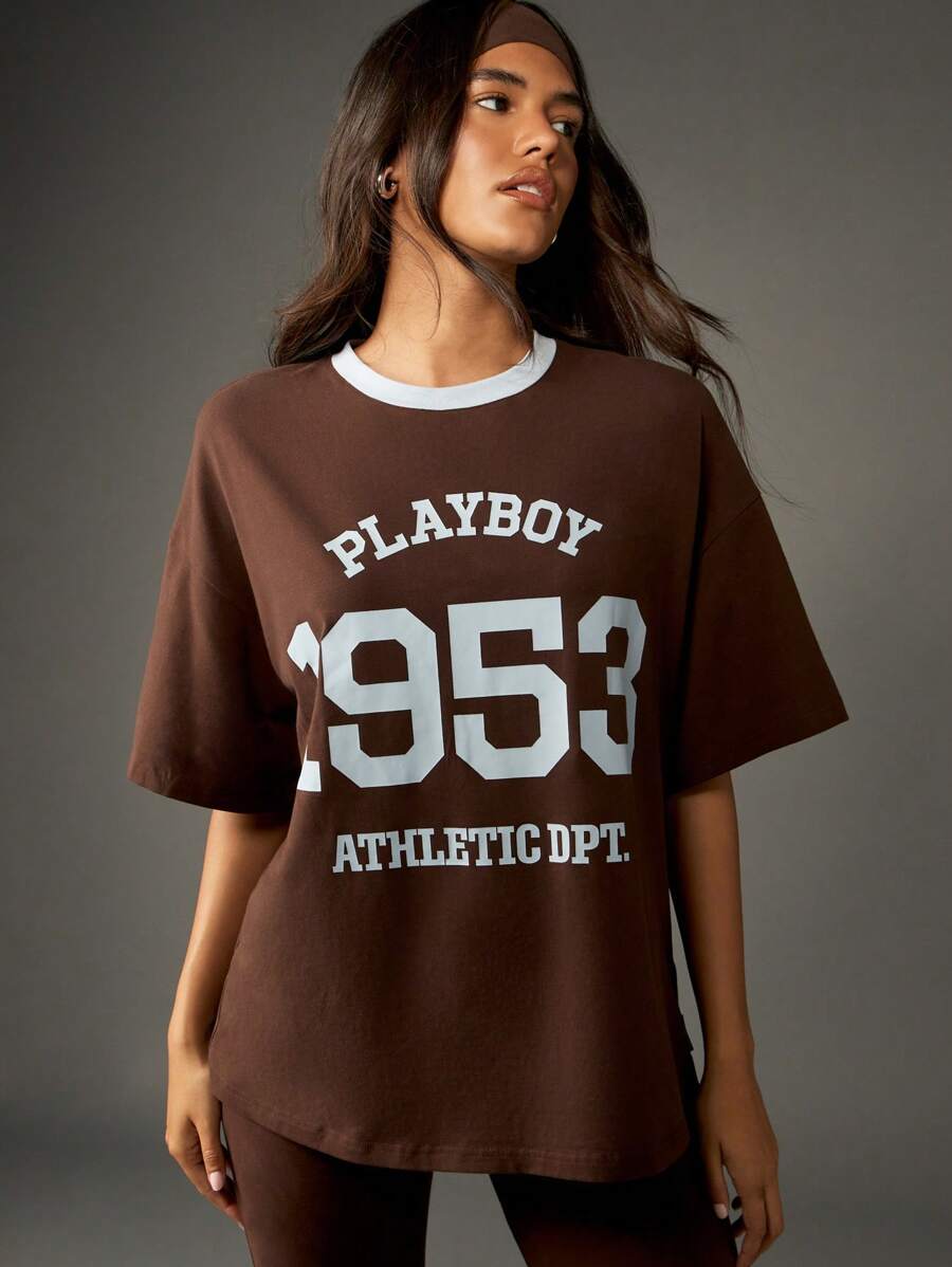 Missguided x Playboy Áo thun cổ tròn phong cách đại học cổ điển cỡ lớn họa tiết Collegiate 1953, cổ tròn, thu đông, thường ngày, áo phông cơ bản, màu nâu trắng tương phản - màu nâu - Xem 1