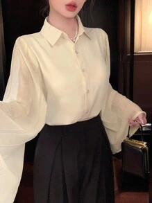 DAZY Women's Autumn Patchwork Loose Pleated Ruffle Sleeve Blouse Long Sleeve Top - Apricot - View 5