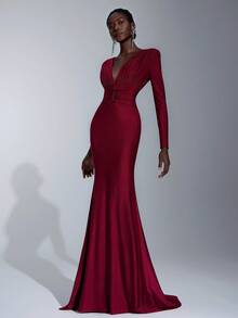 Elitara Elegant, Romantic, Sexy, Minimalist, Plum Red, Stretchy, Deep V-Neck, Long Sleeve, Fishtail Hem, Fashionable, Influencer Style, Suitable For Holidays, Vacation, Birthday Party, Wedding, Bridesmaid Dress - Red - View 5