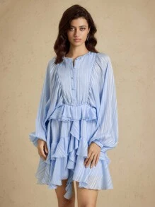 Briarwyn 女式条纹纽扣设计灯笼袖荷叶边下摆时尚连衣裙 - 淺藍色 - 查看 4