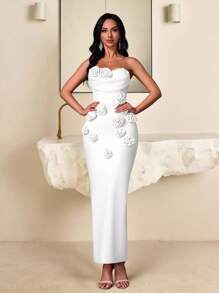 Vowa 优雅露肩褶皱领鱼骨设计 3D 花卉正式绷带晚礼服