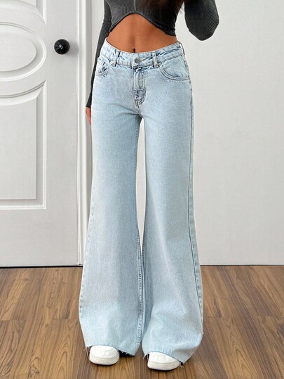 Casual Fashion Versatile Wide Leg Button Pocket Women Jeans