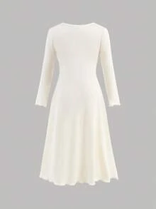 SHEIN Serisse Kids 年轻女孩优雅丝带拼布撞色蝴蝶结装饰长袖中长连衣裙，适合返校和活动 - 白色 - 查看 4