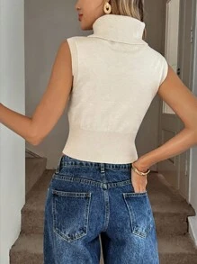 Easowa Áo len dệt kim không tay ôm sát cổ cao, dáng rộng thoải mái, phong cách cổ điển dành cho nữ - Màu be - Xem 2