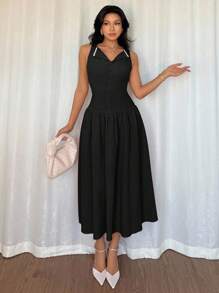 Modelyn Women's Button Decor Pleated Sleeveless Casual Mid-Length Solid Color Dress - Black - View 6