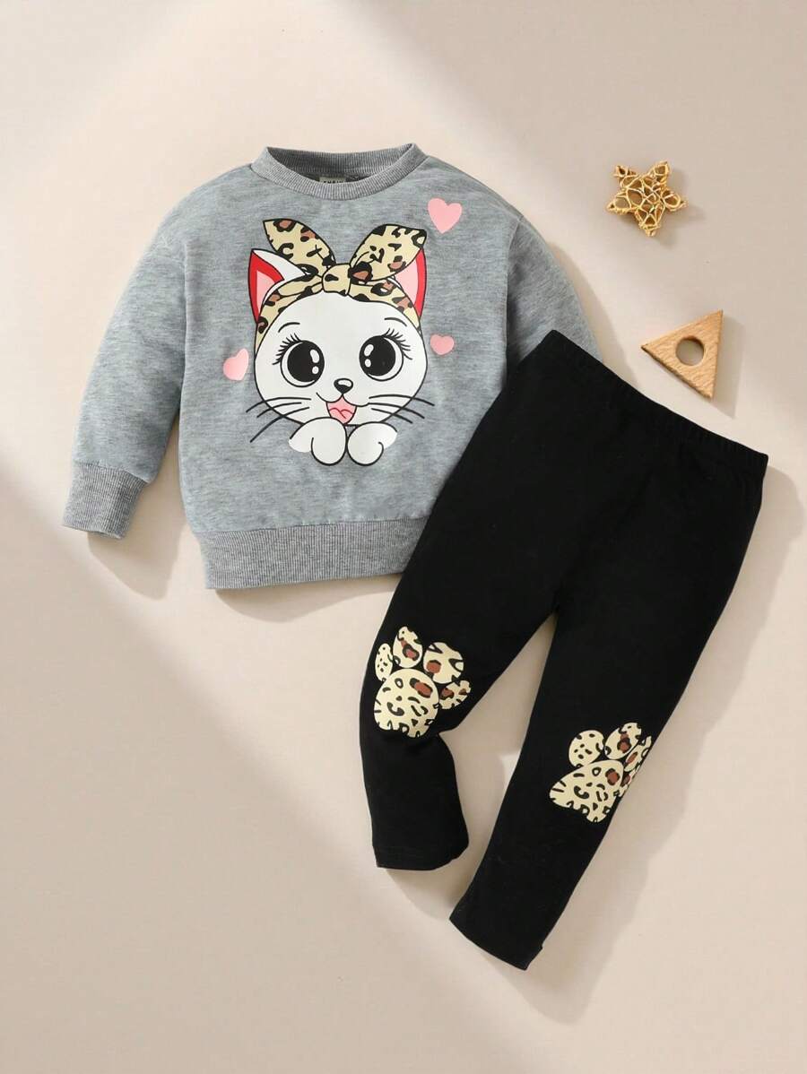 SHEIN Playful Pals Đứa bé gái Đồ họa Hoạt hình Áo nỉ & Xà cạp - Nhiều màu - Xem 1