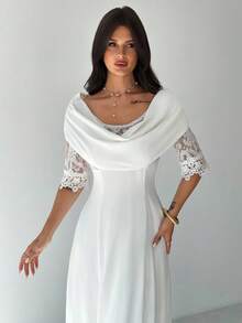 Firerie Women's Elegant Romantic Dress, White Off Shoulder Lace Patchwork Flared Waist A-Line Dress, Suitable For Summer, Wedding Guest, Party, Graduation, Prom - White - View 4