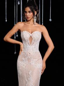 Glamrae 优雅奢华无肩带蕾丝美人鱼礼服，适合婚礼、派对、度假、庆典、正式活动（重度装饰）