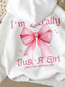 SHEIN Tween Girl Vintage Aesthetic Pink Bow & "I'm Literally Just A Girl" Graphic Casual Thick Hooded Long Sleeve Hoodie Sweatshirt , Suitable For Autumn Winter, Easy Comfort, Stylish , Casual Wear, Back To School, Fall Clothes, Homecoming, Suitable For Outdoor, Street Photography, Home, Campus
