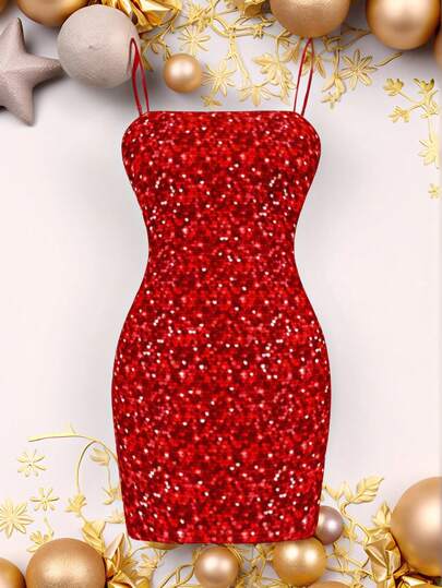 SHEIN EZwear 圣诞节休闲红色亮片印花简约女士细肩带紧身迷你连衣裙