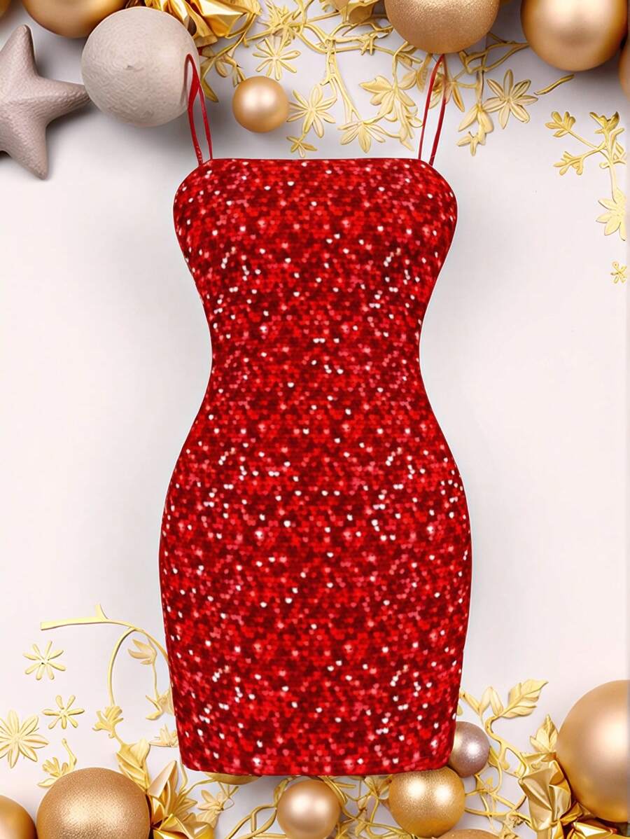 SHEIN EZwear 圣诞节休闲红色亮片印花简约女士细肩带紧身迷你连衣裙 - 白色 - 查看 1