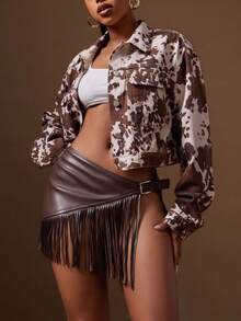 Denimoi Faux Leather Fringe Hem Buckle Detail Mini Skirt