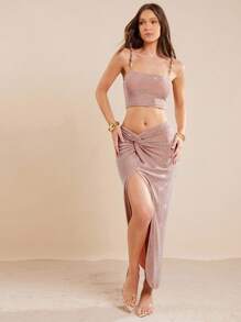 L'Amorae Elegant Metallic Twist Front Asymmetric Skirt, Summer For Women - Dusty Pink - View 1