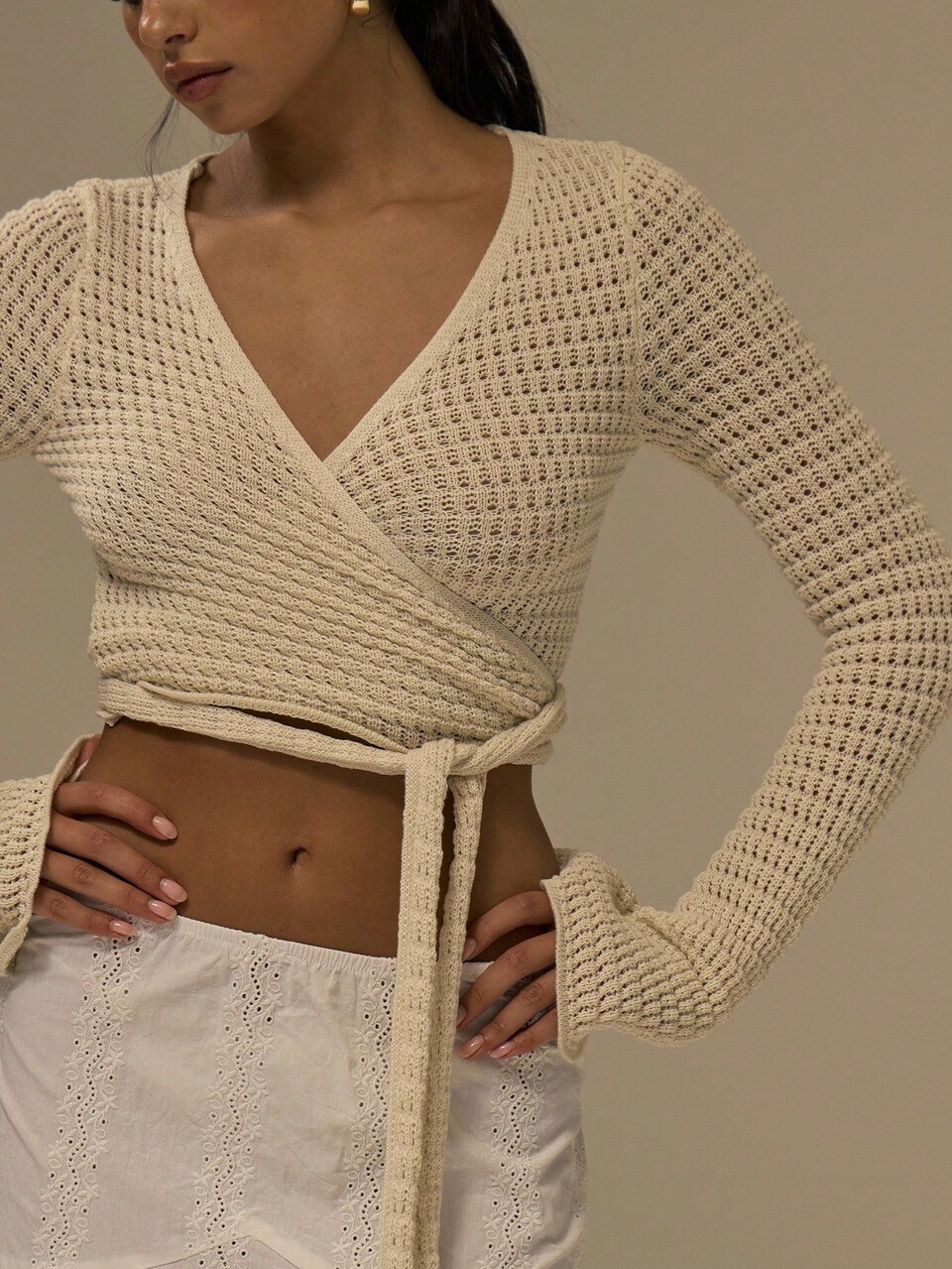 Plunge V Neck Knit Wrap Tie Long Sleeve Top Cute Streetwear Festival Farmhouse, Country, Vintage, Winter Office Work Evening Elegant Party