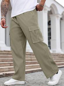Manfinity Homme 大码男士休闲时尚街头宽松口袋直筒阔腿裤，秋季 - 軍綠色 - 查看 3