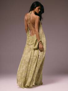 MUSERA Đầm maxi in họa tiết tay xẻ lưng cực kỳ gợi cảm, in xếp ly toàn thân, thích hợp cho mùa thu, hè, đi nghỉ mát, tiệc tùng, dự đám cưới, sinh nhật, câu lạc bộ, tiệc brunch, đi chơi, du lịch biển, tiệc tùng, thanh lịch, Ibiza, dịp đặc biệt, nữ tính, dễ thương, Giáng sinh, mùa thu, lễ tốt nghiệp, đầm dài. - Màu vàng - Xem 4