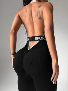 Easithlete 1 pezzo Tuta da donna con scollo a V profondo, spalline larghe, senza schienale e con dettagli a contrasto, adatta per yoga, fitness ed esercizi - nero - Visualizzare 6