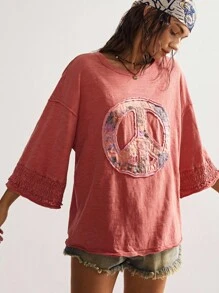 Bohemela 波西米亚风女式休闲复古纯色和平标志贴花休闲针织圆领 3/4 袖宽松水洗 T 恤，西部复古乡村风格度假，适合夏季/秋季/冬季 - 紅色 - 查看 2