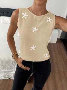 SHEIN Frenchy Chaleco de punto con cuello redondo y decoración floral casual para mujer en otoño/invierno - Albaricoque - Ver 6