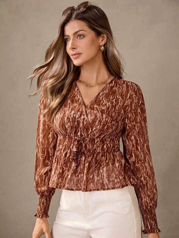 Wildy Ropa de mujer de otoño, ropa bohemia para mujer, ropa occidental para mujer, blusa elegante de manga larga con estampado de leopardo y cuello en V para mujer, blusa informal de cuello en V de color marrón óxido para mujer, blusa de cuello alto de negocios casuales para mujer, blusa estampada de marrón para mujer, blusas de oficina elegantes de otoño para mujer, camisas de maestra, ropa bohemia para mujer, ropa de oficina