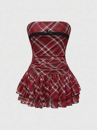 J-Fashion Vestido de patinadora con estampado de cuadros vintage dulce para mujeres