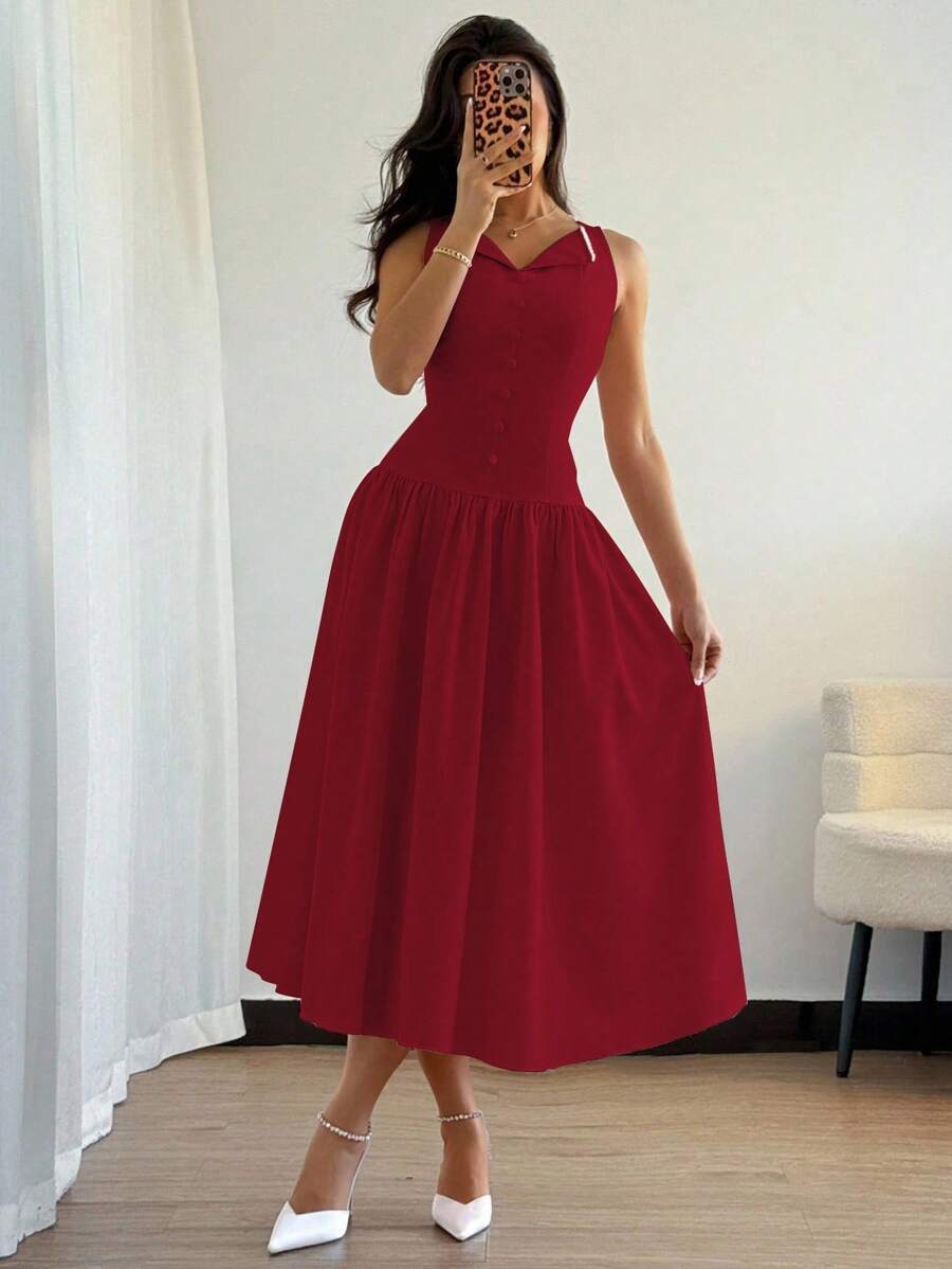 Modelyn 女士优雅 A 字型中长纯色连衣裙 - 紅色 - 查看 1