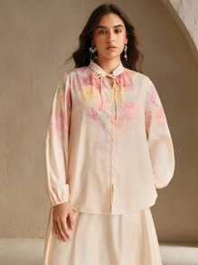 Anewsta Trang phục biểu diễn âm nhạc thanh lịch cỡ lớn dành cho nữ, áo cánh dài tay in họa tiết thời trang, mùa thu - Màu be - Xem 3