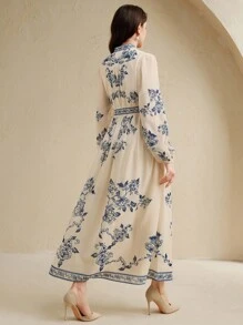 Anewsta Đầm dài cổ đứng in họa tiết hoa sứ cổ điển thanh lịch tay dài cài nút phía trước cho nữ - Nhiều màu - Xem 3