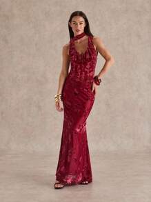 Glamine Women's Velvet Burnout Halter Neck Ruffle Trim Cinched Waist Camisole Top, Elegant Burgundy Color, Suitable For Outings, Dates, And Parties - Burgundy - View 3