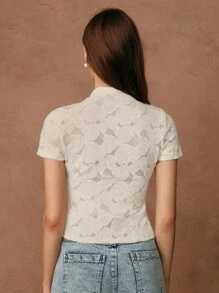 Anewsta Savoree Elegant Romantic 3D Floral Jacquard Stand Collar Fitted Short Sleeve Knit Tee With Pearl Decor