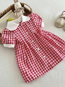 SHEIN Vintaside Kids 女婴格子碎花休闲连衣裙，田园风格，舒适时尚，百搭，春夏季，樱桃装饰 - 紅色 - 查看 6