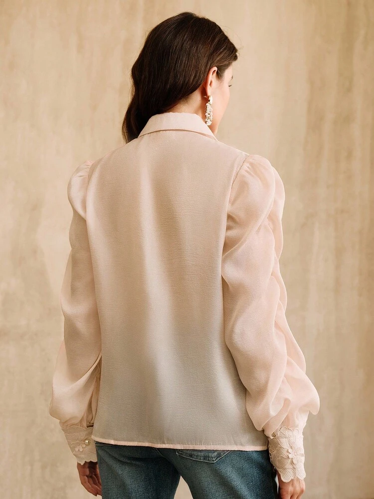 Pink Elegant Floral Patchwork Collar Long Sleeve Blouse For Women