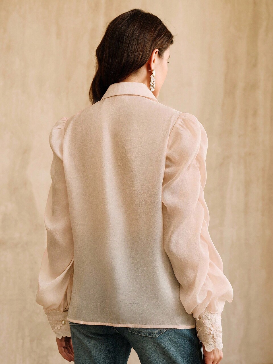 Pink Elegant Floral Patchwork Collar Long Sleeve Blouse For Women