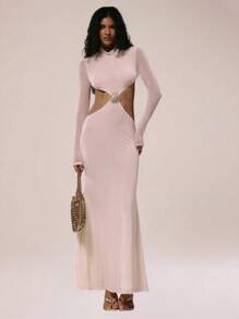 MUSERA 长袖高领露腰收腰修身连衣裙，适合秋冬季、夏季度假、夜晚外出、约会、婚礼宾客、生日派对、俱乐部、性感早午餐、外出游轮派对、优雅伊比沙岛等场合，少女可爱，适合新娘、单身派对、告别单身派对、婚礼等场合。 - 杏色 - 查看 1