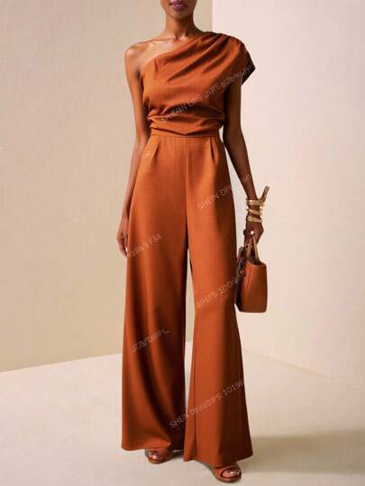 Zivah 2025 Summer New Casual Commuting Vacation Temperament Brown One-Shoulder Pleated Wide-Leg Long Women Jumpsuit, Graduation Season, Daily Travel, Elegant, Party Gathering, Festival, Brunch Outfit, Airport Outfit, Back To School, Commuting, Shopping, Travel, Dating, Wedding,Vacation One Shoulder Jumpsuit Brown Jumpsuit Women Elegant Jumpsuits Brown Wide Leg Jumpsuit
