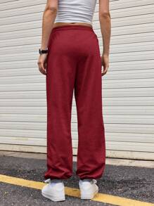 Streetz SHEIN Sport 女士纯色抽绳腰休闲慢跑裤，简约时尚 - 紅色 - 查看 2