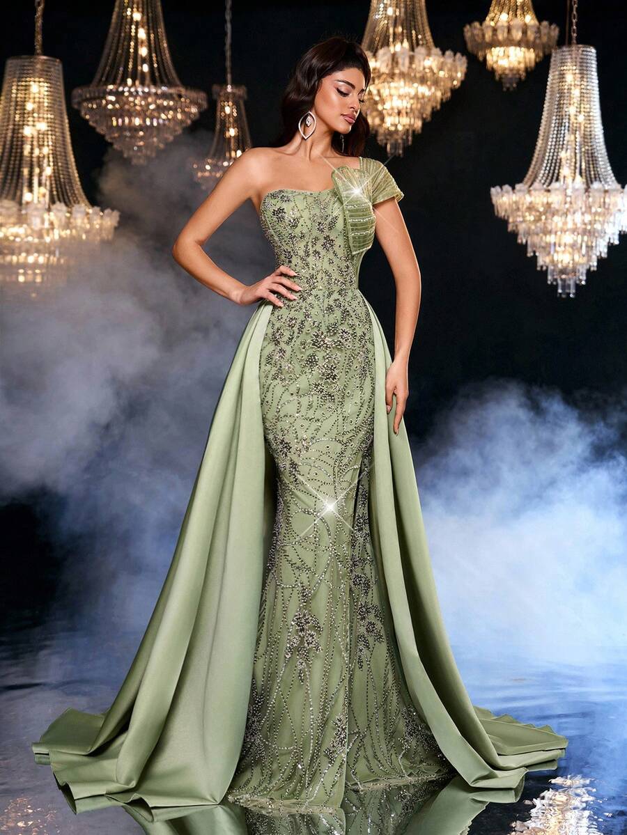 Glamrae 优雅奢华绿色串珠亮片拼接缎面美人鱼长裙，喇叭形下摆，适合婚礼、派对、度假、舞会、晚礼服（重饰）