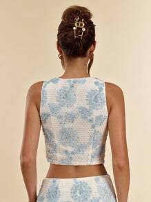 SHEIN BAE Parte superior sin mangas elegante y minimalista con textura y flores 3D en color albaricoque y azul, top de verano con estilo - Albaricoque - Ver 2