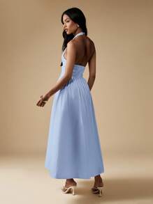 MISSGUIDED Váy midi cổ yếm bằng vải poplin cotton thanh lịch, eo cao, dự tiệc cưới, dự tiệc mùa hè, thân áo nhún, váy xòe hở lưng, trang trọng - Màu xanh lam - Xem 2