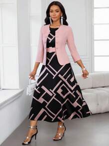 SHEIN Lady 女士优雅通勤纯色夹克和几何印花无袖连衣裙两件套 - 彩色 - 查看 7