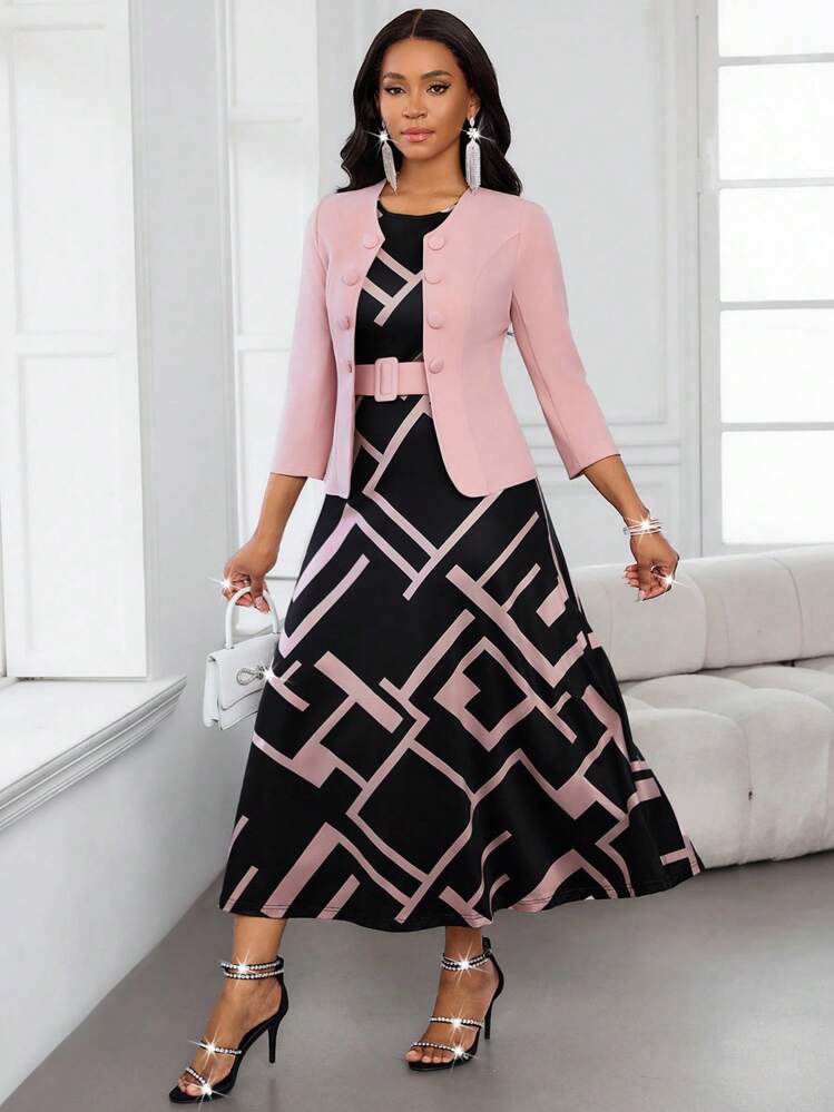 SHEIN Lady Conjunto de 2 Peças Jaqueta Sólida Elegante para Uso Diário e Vestido Regata com Estampa Geométrica para Mulheres - Multicolorido - Visão 7