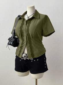 Sunspun Spitzenbesatz Taillierte Lässig Kurzarm Bluse