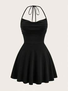 Sweetra 大码女式系带深 V 领露背针织连衣裙 - 黑色 - 查看 1