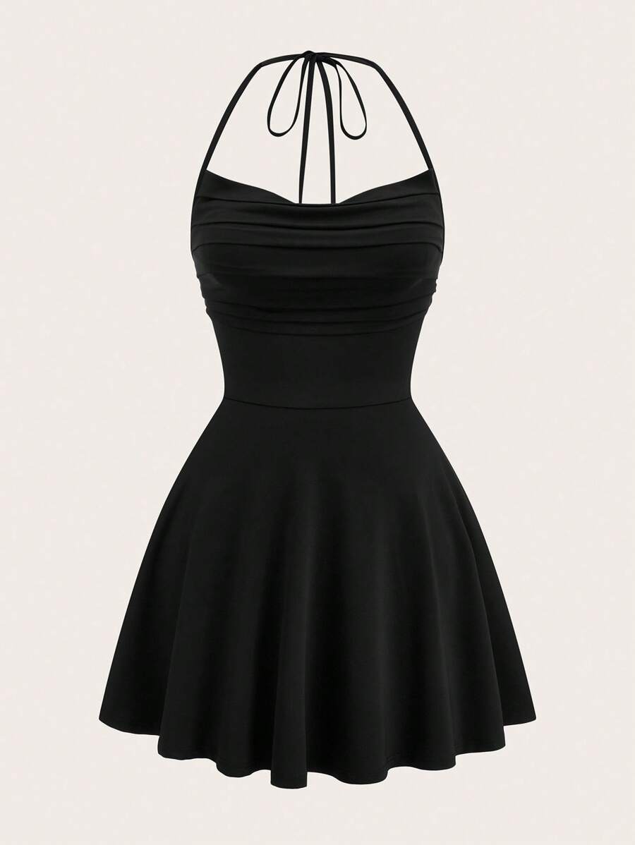 Sweetra 大码女式系带深 V 领露背针织连衣裙 - 黑色 - 查看 1