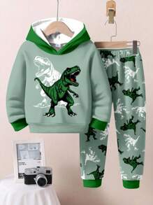 SHEIN 2 piezas Conjunto de sudadera con capucha de manga larga con estampado de dinosaurio, de corte holgado y estilo deportivo casual y cómodo, adecuado para otoño e invierno, ropa de dinosaurio para niños pequeños, conjunto de ropa verde para niños pequeños
