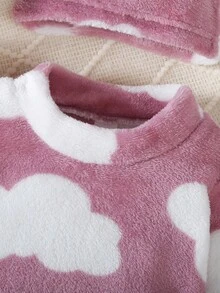 3 件套新生女婴莲花粉色长袖连体衣、帽子和围兜，可爱风格家居服 - 藕粉色 - 查看 3